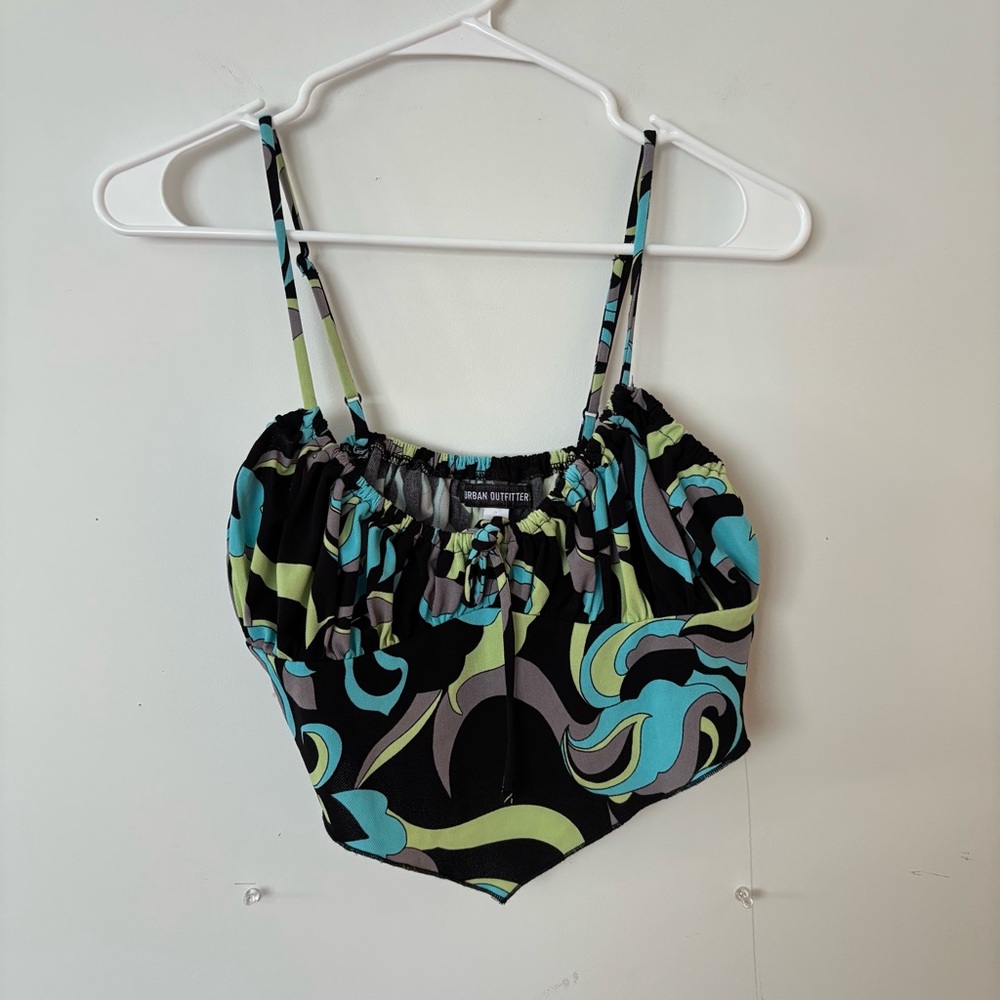 urban outfitters black, teal and green swirl bow tie front crop tank top🩵